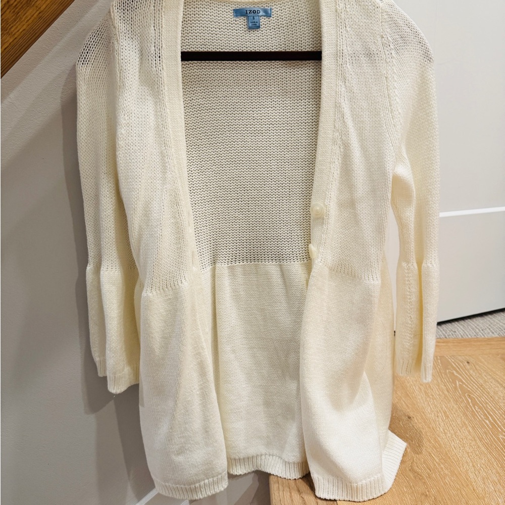 Price Firm. New Izod Mixed Media White Cardigan with Bell Sleeves, Size Small